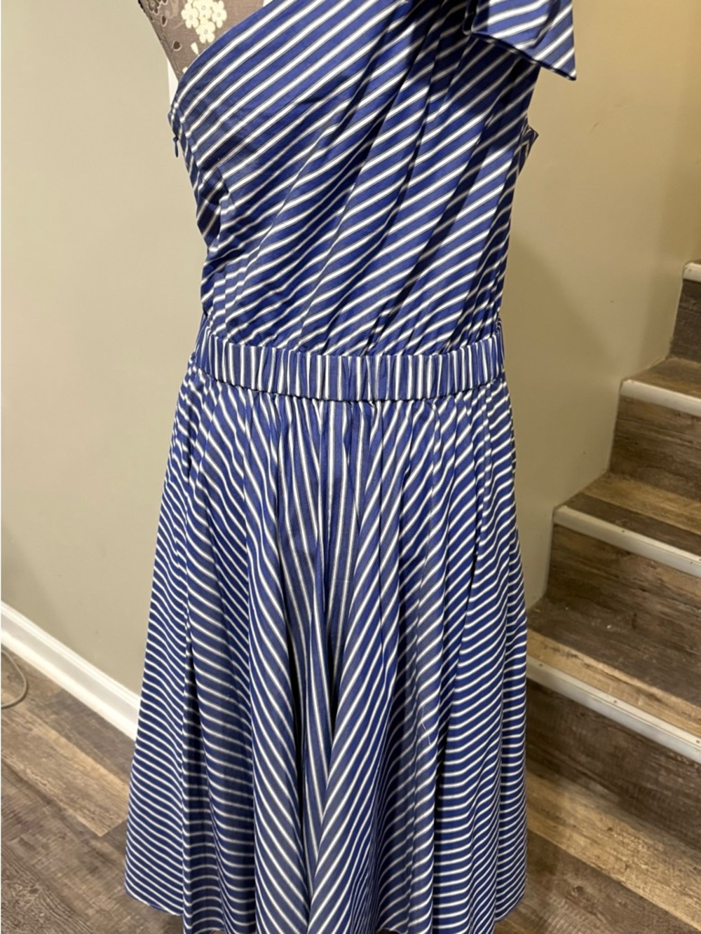 Eliza J Blue and White Striped One-Shoulder Dress